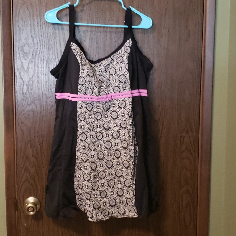 Avenue Black One-Piece Swimdress with Cream Floral Panel and Pink Accent